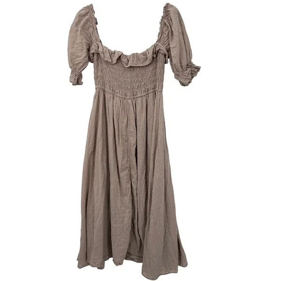 Smocked Swiss Dot Taupe Midi Dress Women M Boho Indie Festival Cottagecore - Picture 2 of 9